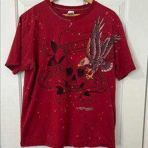 Ed Hardy Crimson Graphic Tee with Eagle and Skull